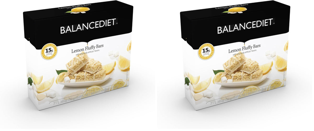 BalanceDiet Lemon Fluffy bar on display front, high-protein snack for between meals.