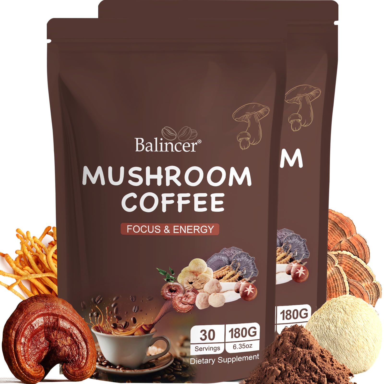 Balincer mushroom coffee packaging shows 6-mushroom blend for daily focus and energy