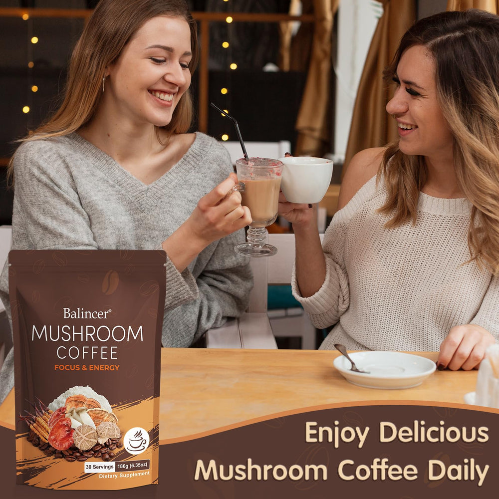 Balincer Mushroom Coffee brand label emphasizes non-GMO sourcing and quality
