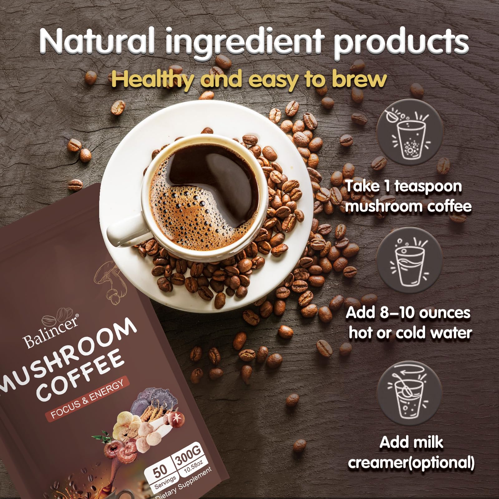 Balincer Mushroom Coffee brewed cup steaming conveying morning focus and comfort.