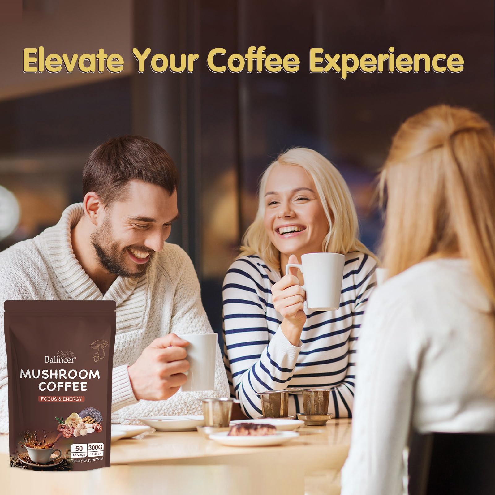 Balincer Mushroom Coffee health icons illustrating potential immunity and gut wellness.