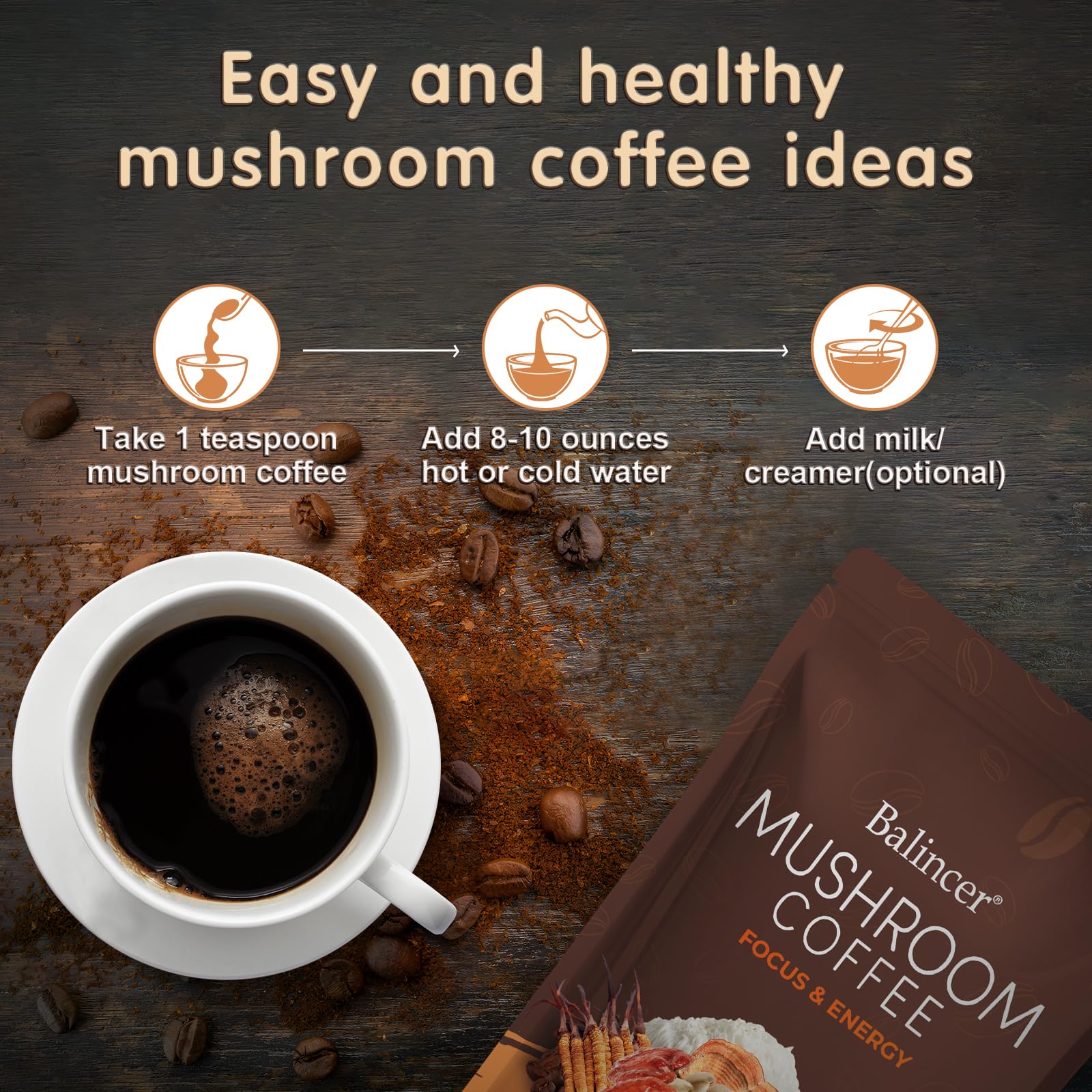 Balincer Mushroom Coffee powder close-up showing the natural mushroom blend texture