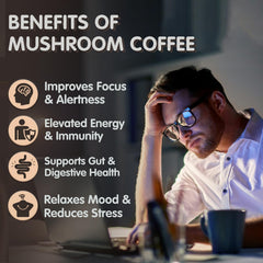 Balincer Mushroom Coffee closeup of mushroom powder and coffee beans, for rich flavor and focus.