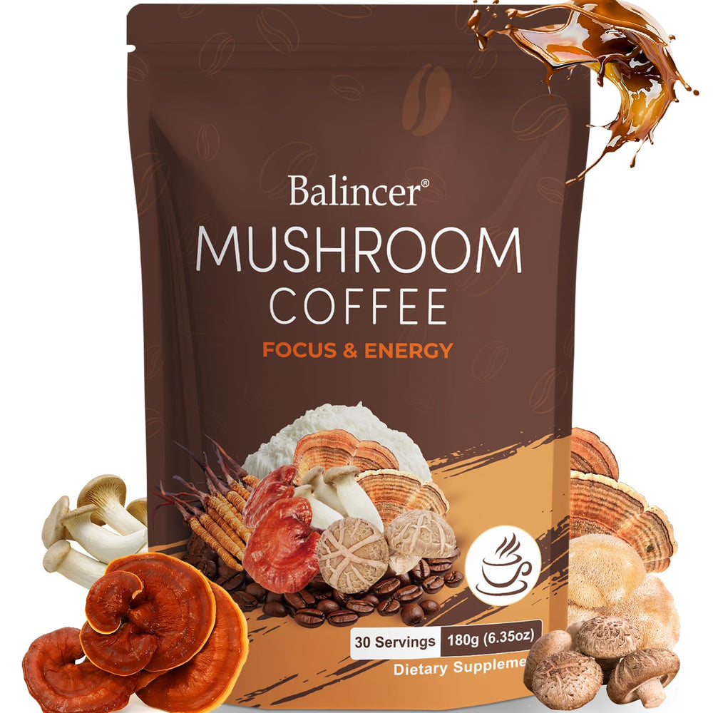 Balincer Mushroom Coffee packaging highlighting premium blend for daily focus