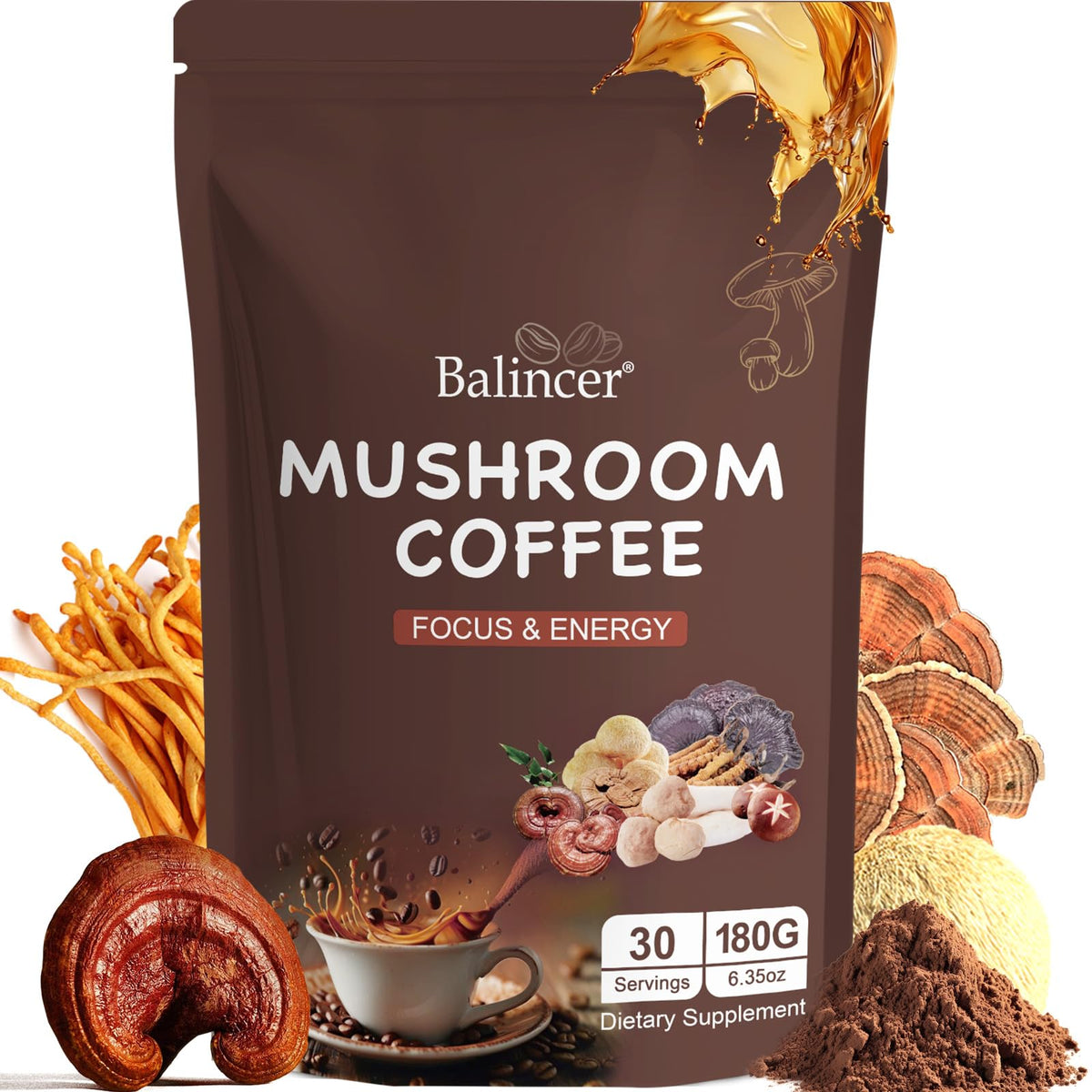 Balincer Mushroom Coffee packshot featuring six adaptogens for steady energy and focus.