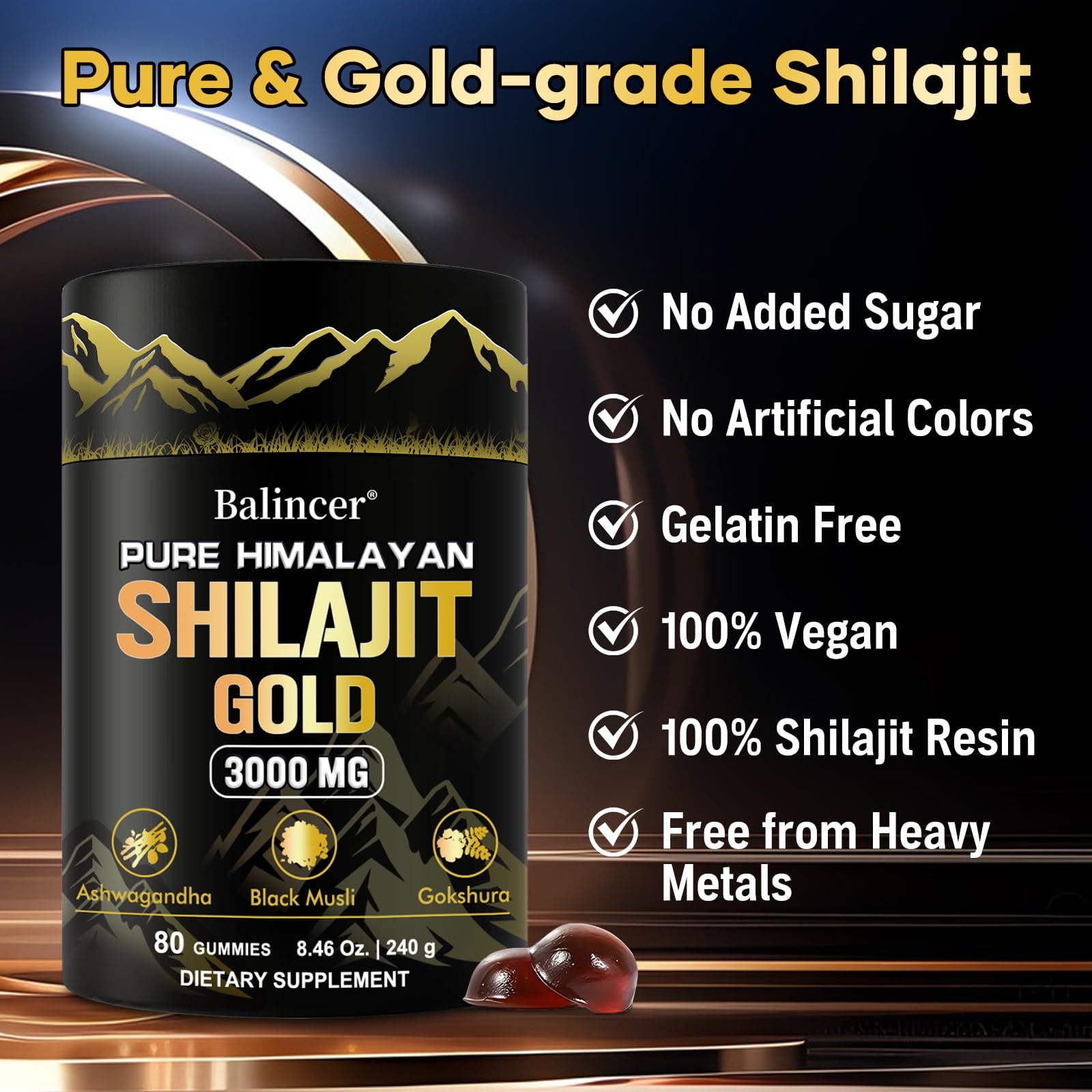 Store shelf display of Balincer Shilajit Gummies Gold