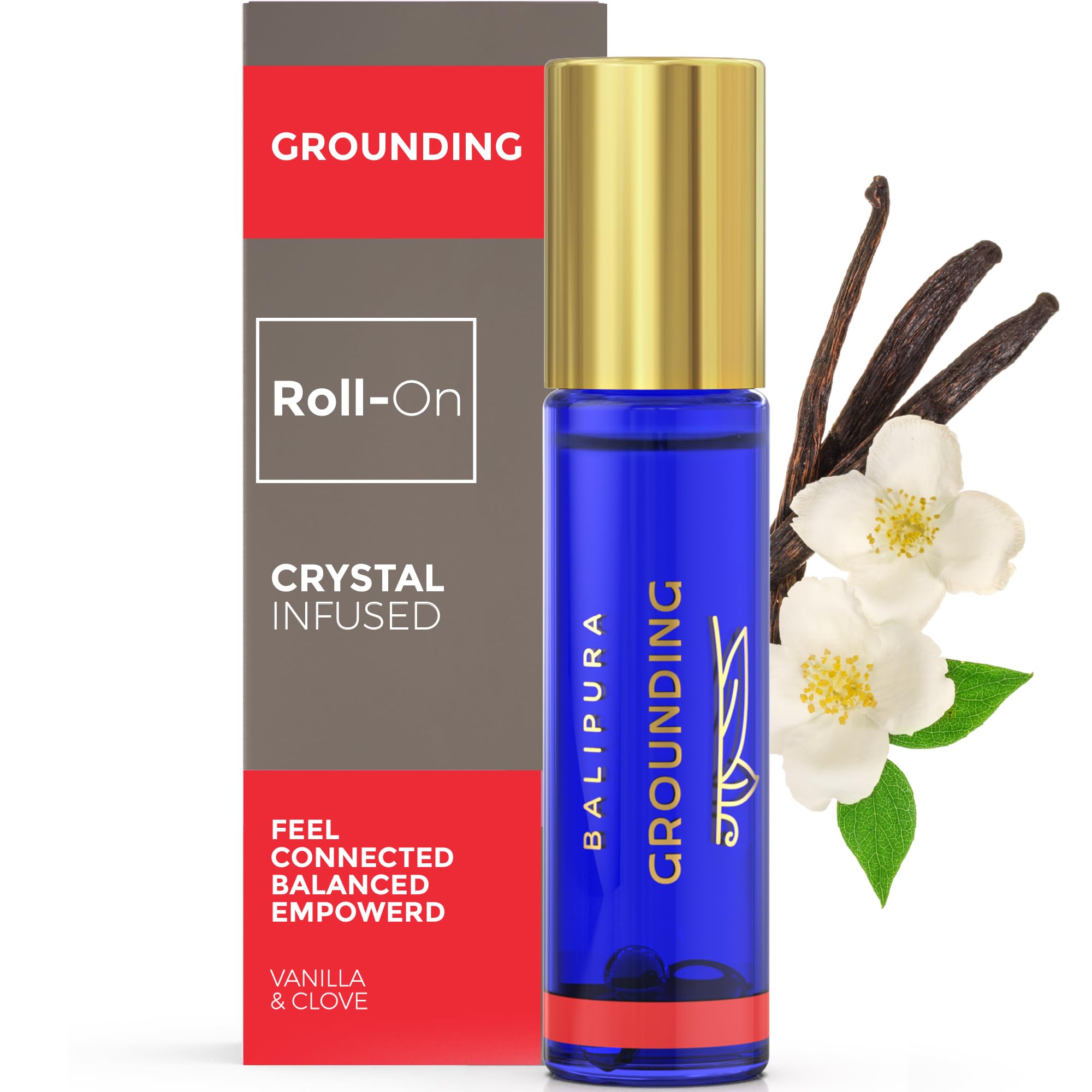 BALIPURA grounding vanilla roll-on with crystals for daily calm and focus.