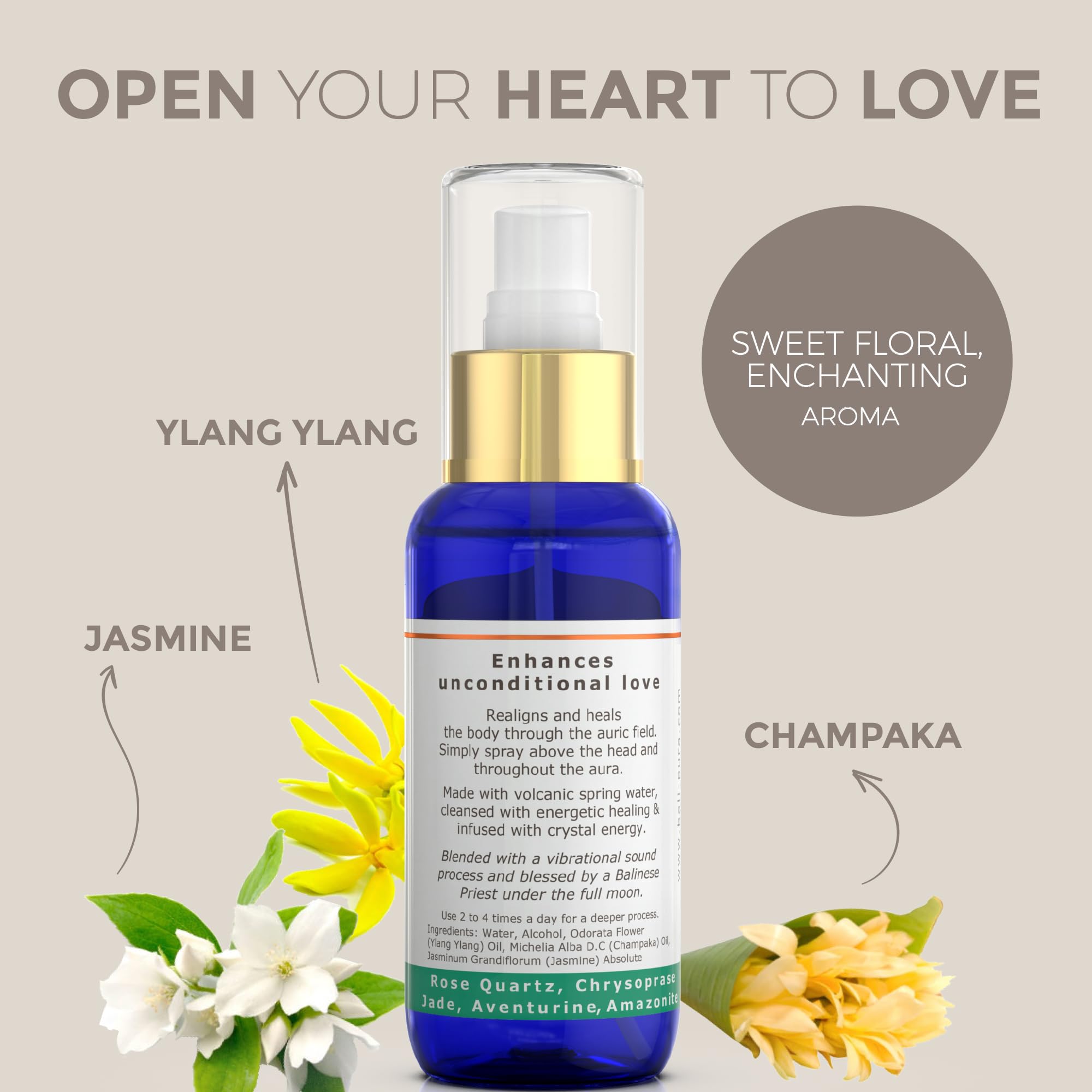 BALIPURA Pure Love Aura Spray with Ylang Ylang and Jasmine, inviting romance and clarity.