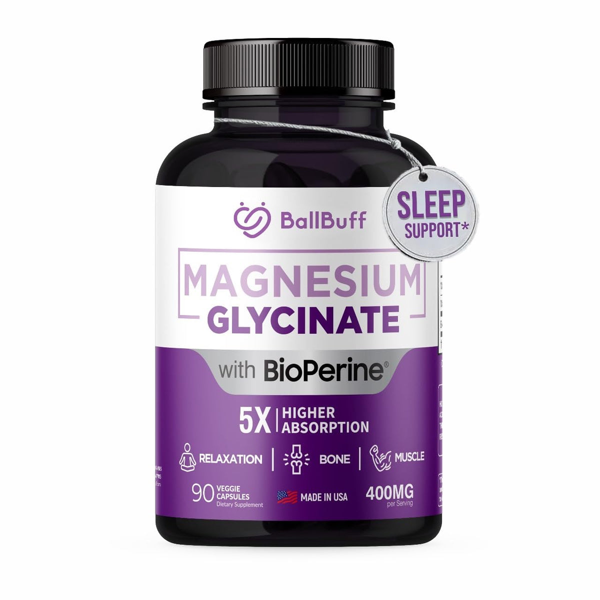 BallBuff Magnesium Glycinate 400mg bottle front highlighting high-absorption chelated magnesium for daily wellness.