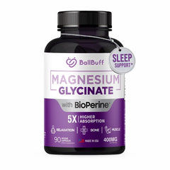 BallBuff Magnesium Glycinate 400mg bottle front highlighting high-absorption chelated magnesium for daily wellness.