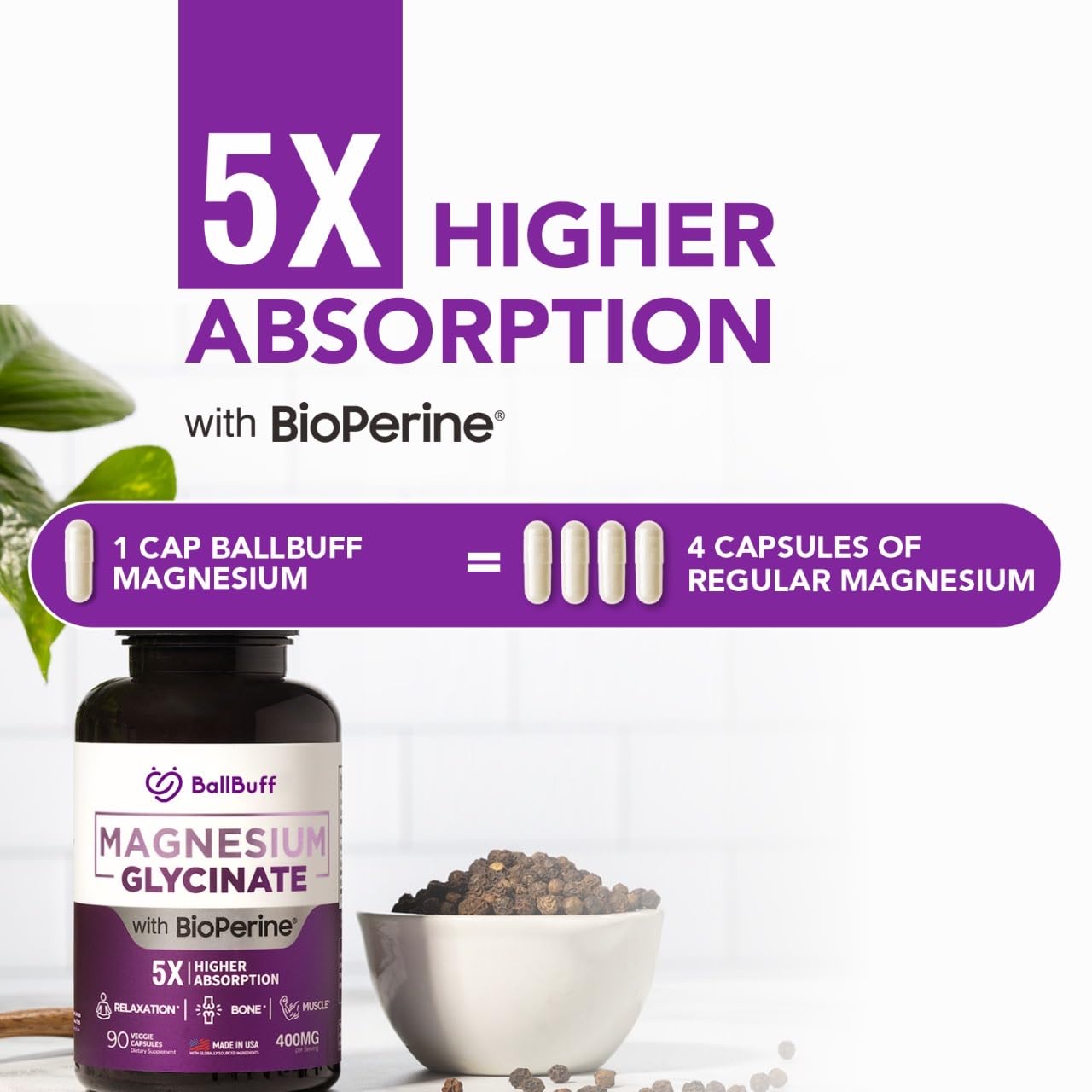BallBuff Magnesium Glycinate 400mg bottle label showing ingredients and safety promise.
