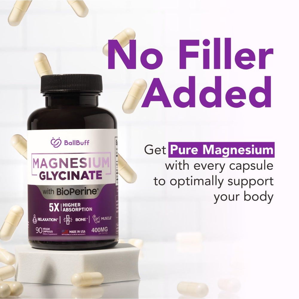 BallBuff Magnesium Glycinate 400mg bottle beside glass of water for hydration support.