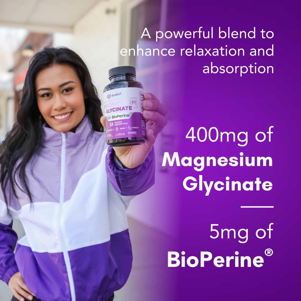 BallBuff Magnesium Glycinate 400mg capsules close-up emphasizing small, gentle tablets for sensitive stomachs.
