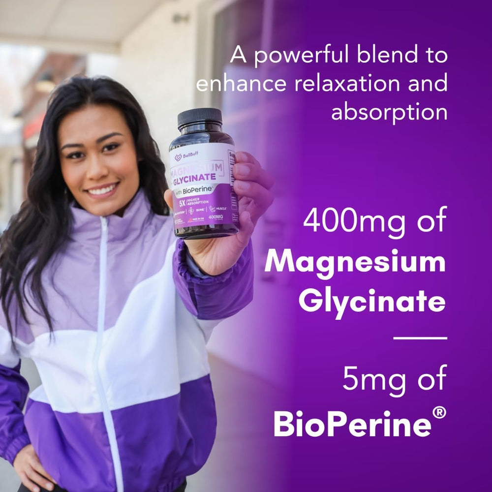 BallBuff Magnesium Glycinate 400mg capsules close-up emphasizing small, gentle tablets for sensitive stomachs.