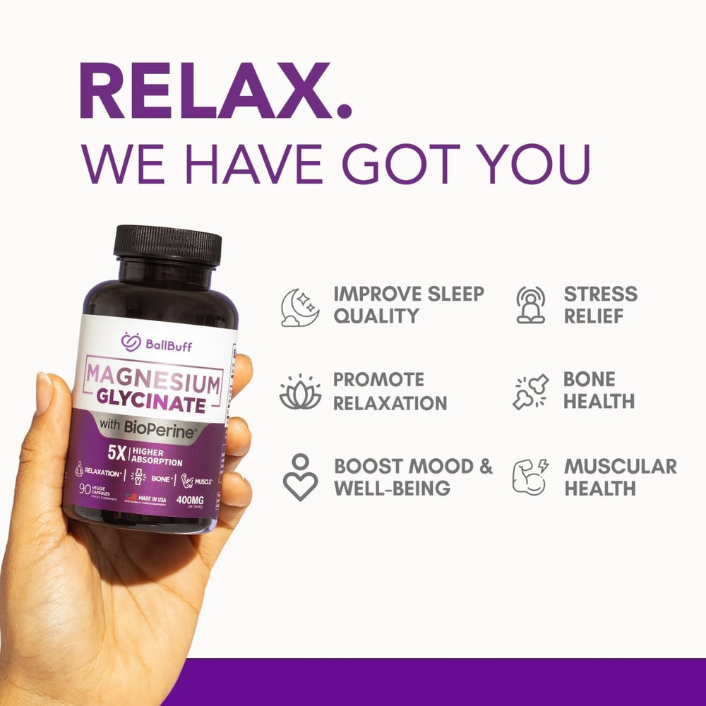 BallBuff Magnesium Glycinate 400mg capsules poured illustrating easy daily use and convenience.