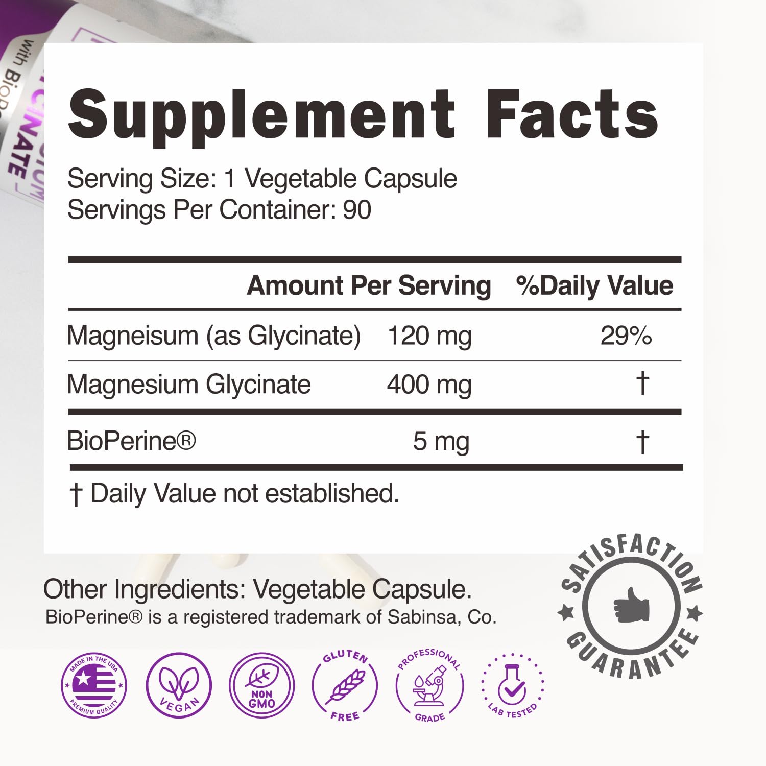 BallBuff Magnesium Glycinate 400mg ingredients panel close-up highlighting chelated magnesium features.