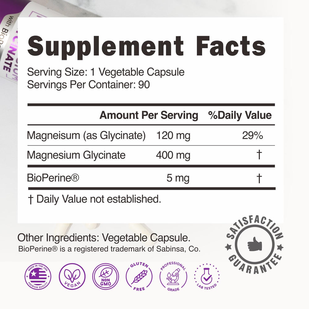 BallBuff Magnesium Glycinate 400mg ingredients panel close-up highlighting chelated magnesium features.