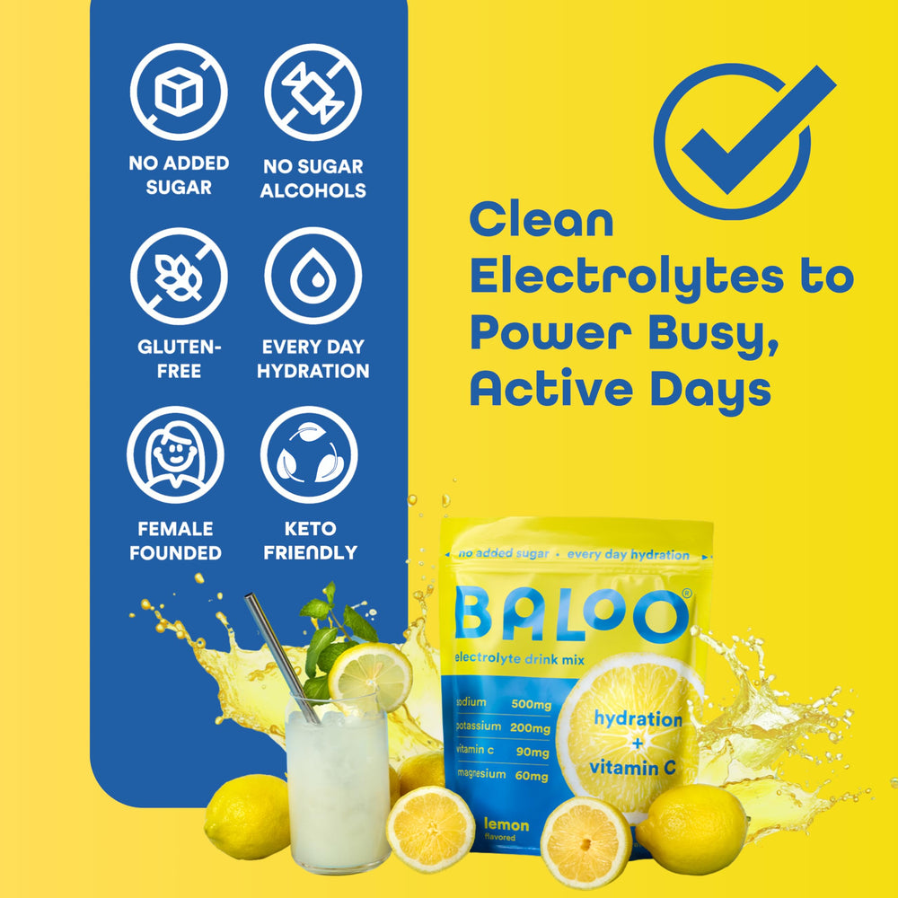 Baloo electrolytes dissolving into water to show easy mixing and quick refreshment.