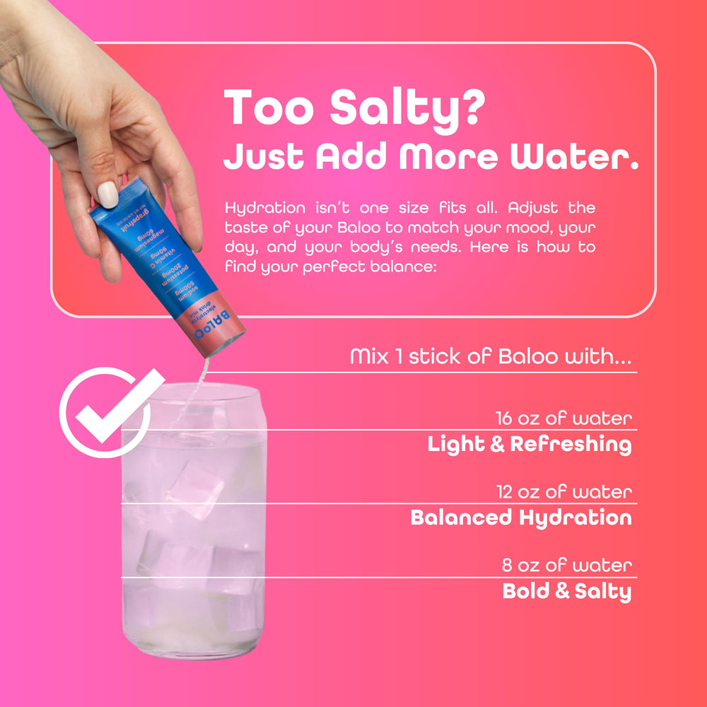 Baloo Grapefruit Electrolytes fruit imagery signals real flavor and daily hydration.
