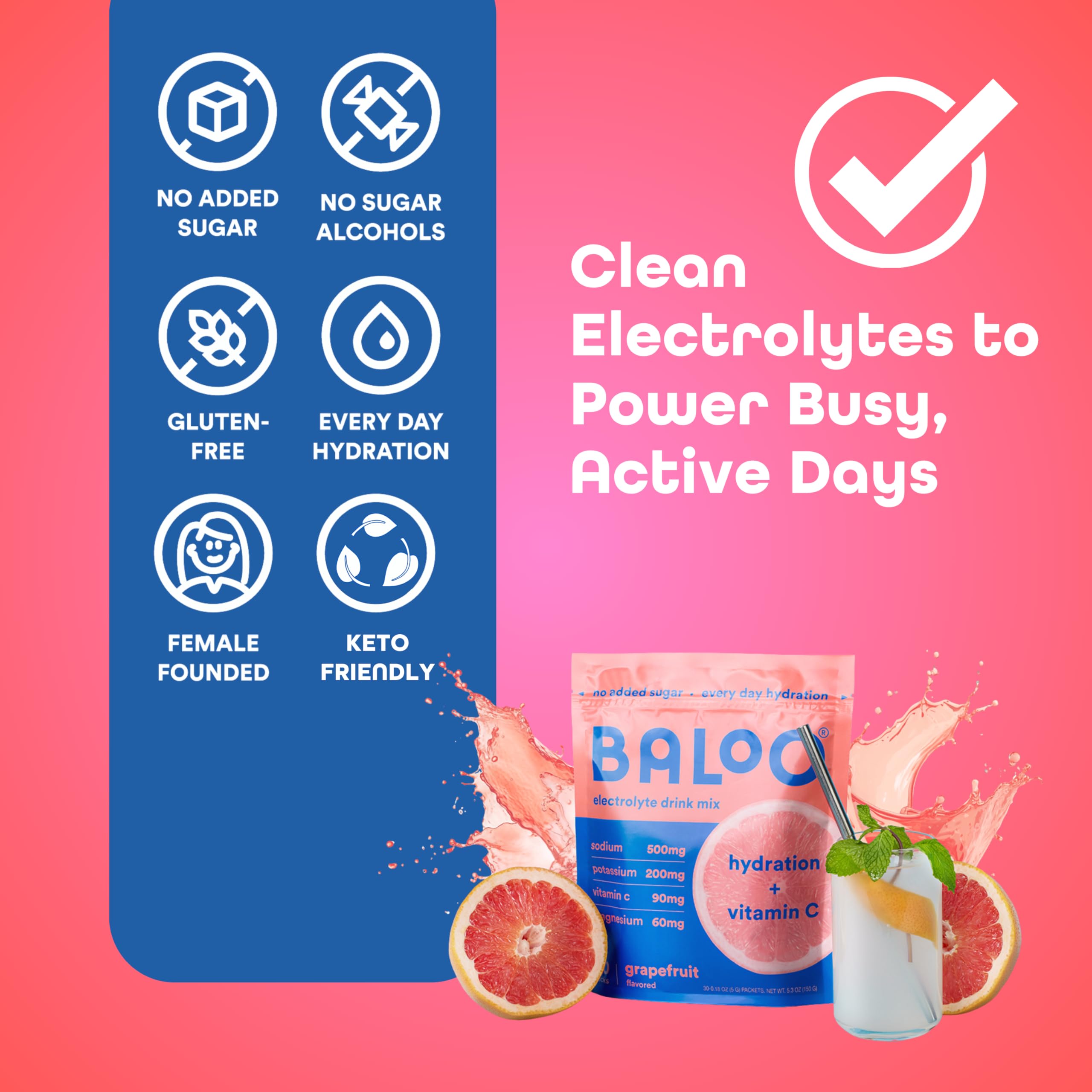 Baloo Grapefruit Electrolytes packets on-the-go hydration for travel or work.