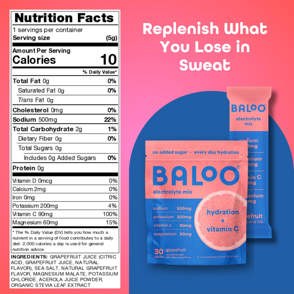 Baloo Grapefruit Electrolytes powder dissolving in water for a refreshing workout drink.
