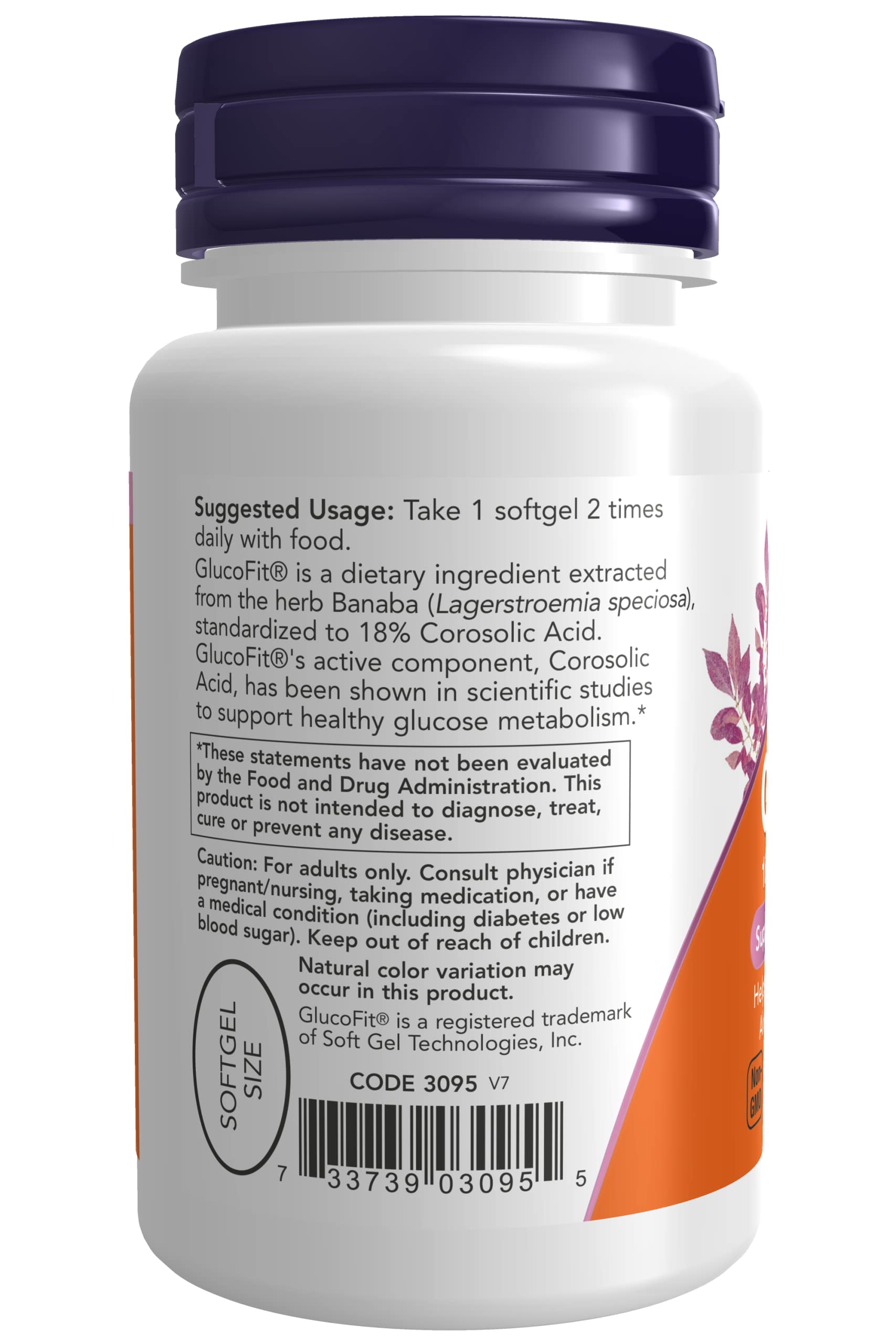 Banaba extract corosolic acid ingredient details with NOW Foods branding.