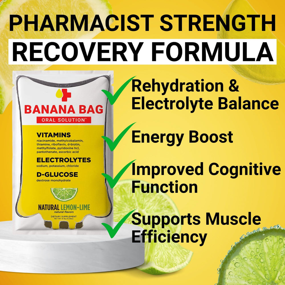 Banana Bag packets dissolve in water for quick electrolyte replenishment.