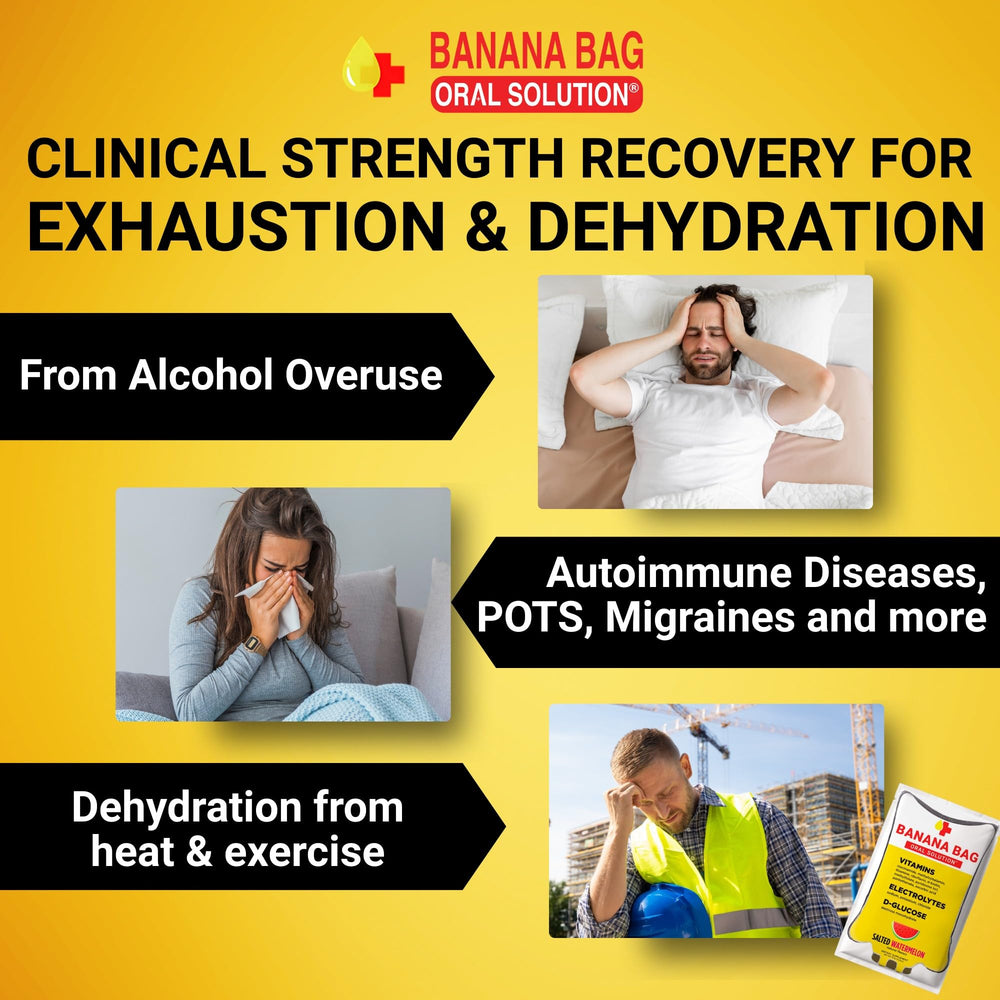 Banana Bag packets in a glass with ice for on-the-go hydration.