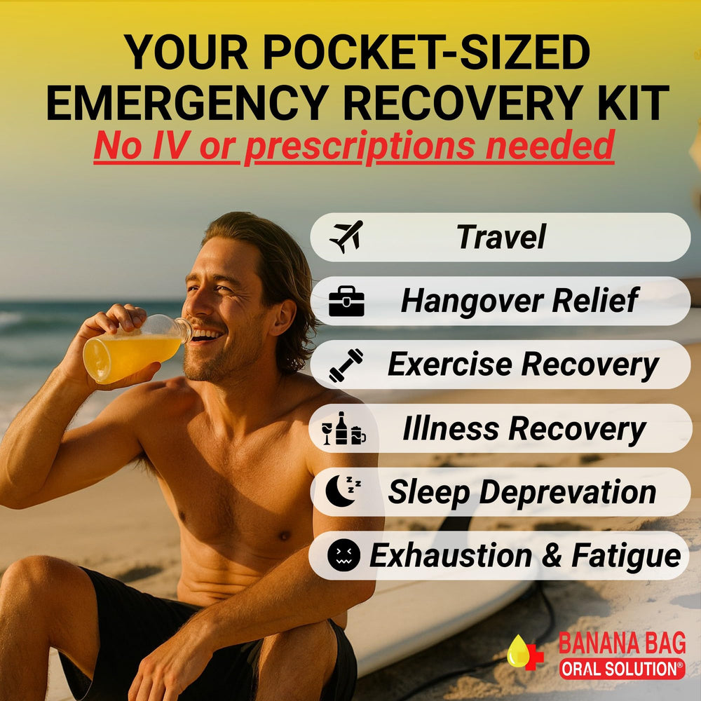 Banana Bag packets carried in a bag for travel hydration.