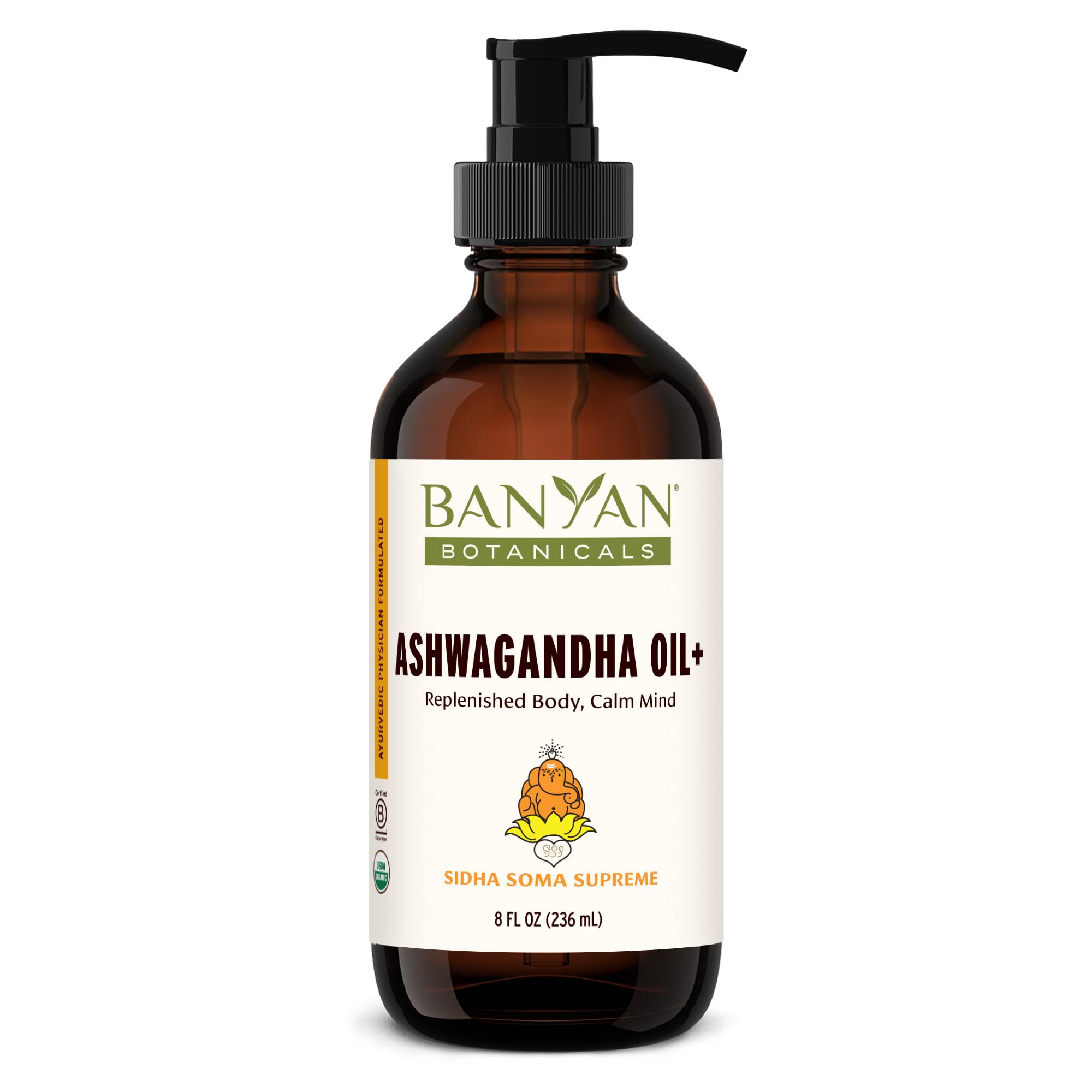 Banyan Botanicals Ashwagandha Oil+ bottle ready for relaxing massage.