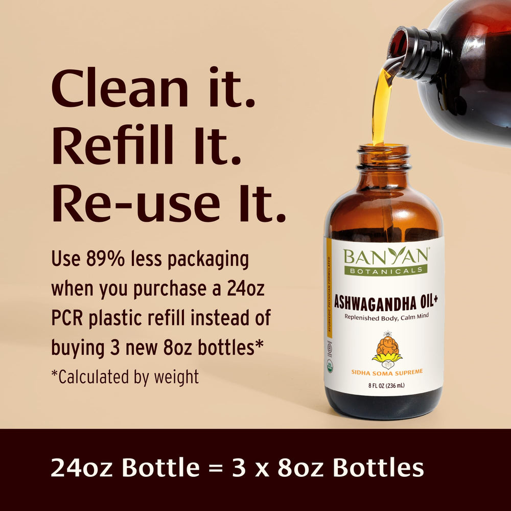Banyan Botanicals Ashwagandha Oil+ ingredients close-up featuring bala and ashwagandha for calm.