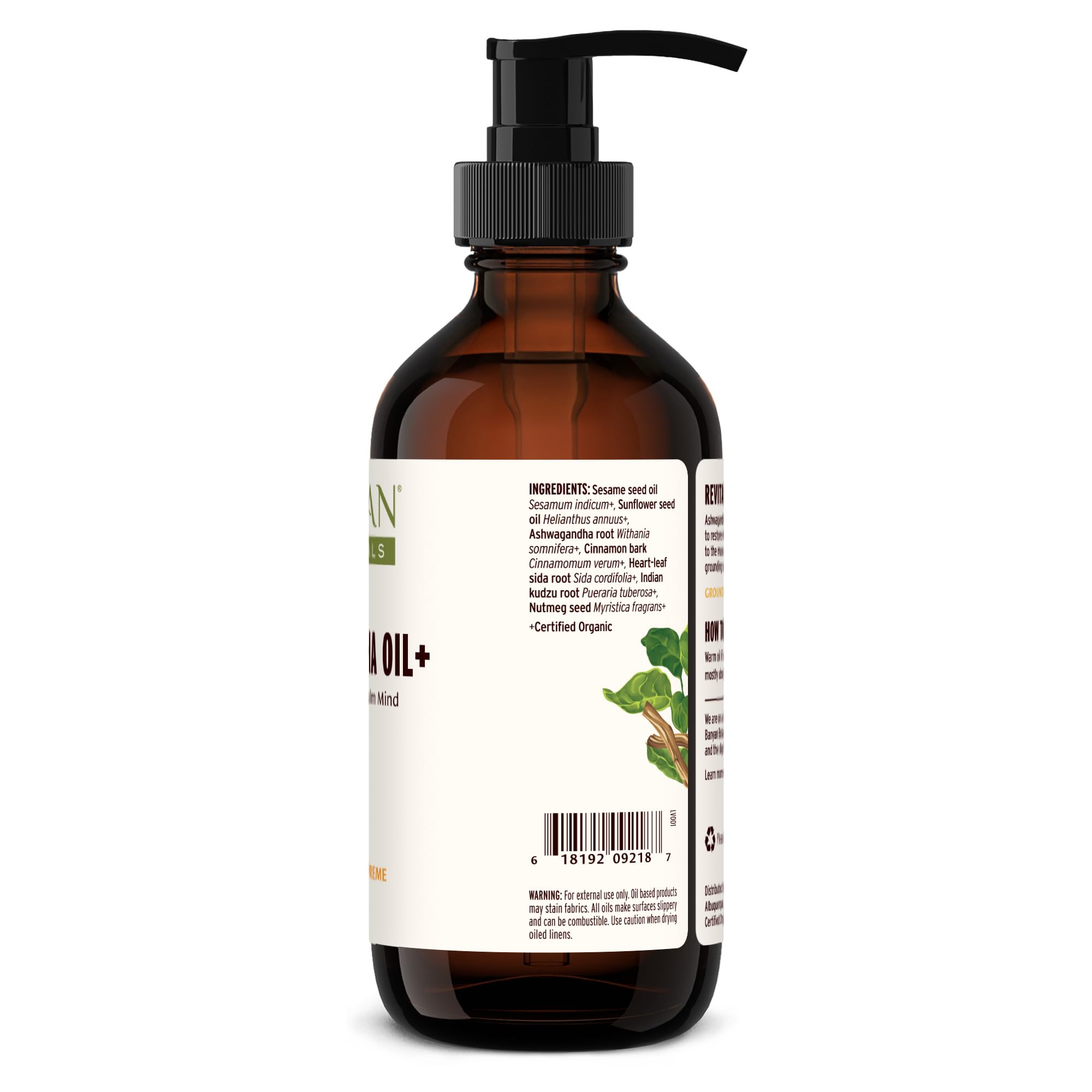 Banyan Botanicals Ashwagandha Oil+ sustainable sourcing label underscores ethical self-care.