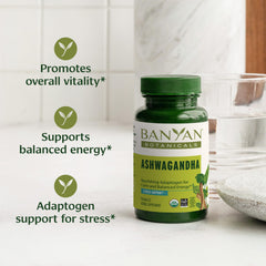 Banyan Botanicals Ashwagandha tablets bottle cap showing premium, fair-trade supplement for stress-friendly routines