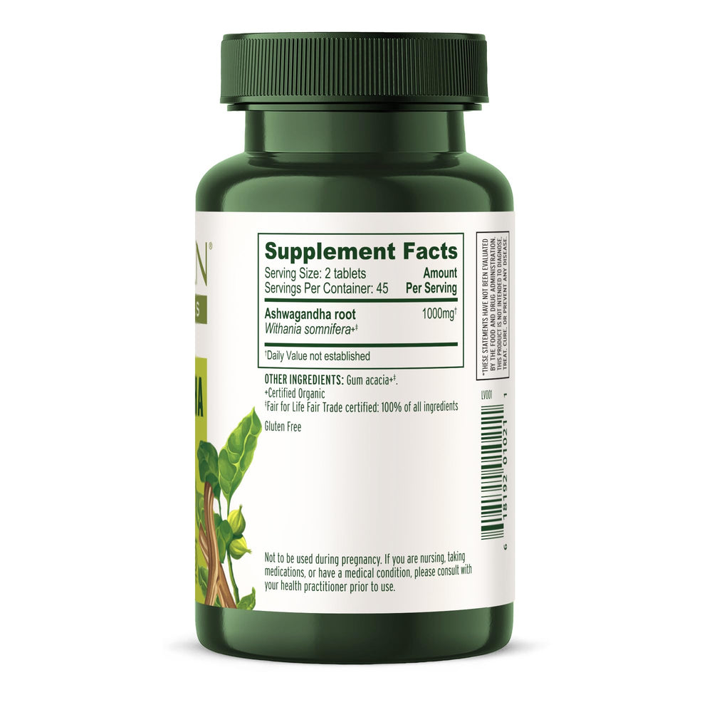 Banyan Botanicals 1000mg Ashwagandha bottle close-up showing tablet texture