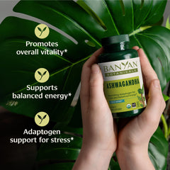 Banyan Botanicals Ashwagandha tablets label closeup highlights organic root and fair trade commitment
