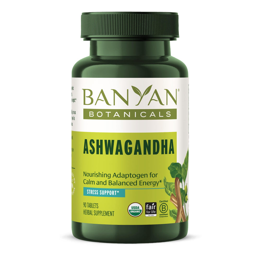 Banyan Botanicals Ashwagandha tablets label emphasizing organic, vegan quality for daily energy
