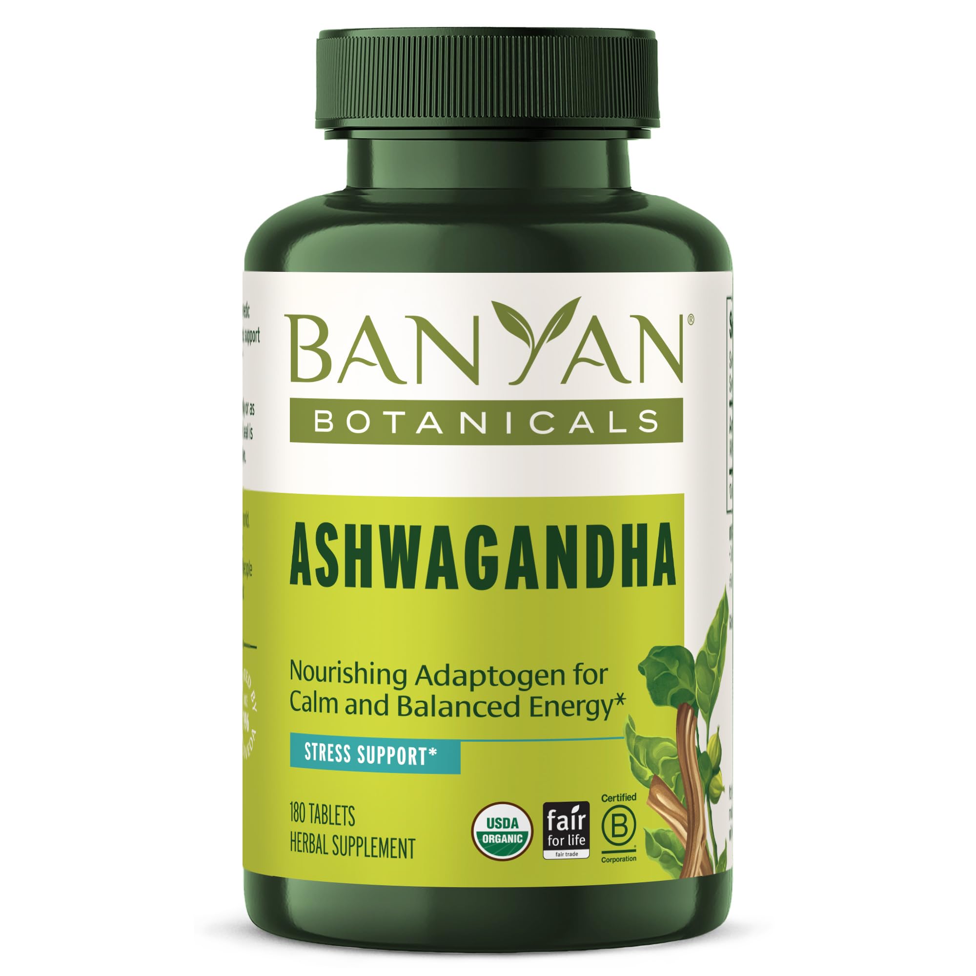 Banyan Botanicals Ashwagandha tablets packaging shown for convenient daily use and stress support