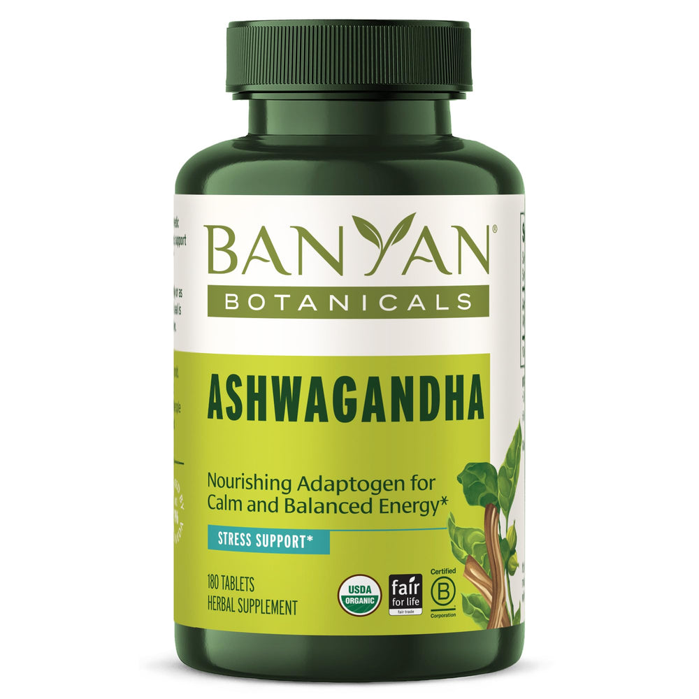 Banyan Botanicals Ashwagandha tablets packaging shown for convenient daily use and stress support
