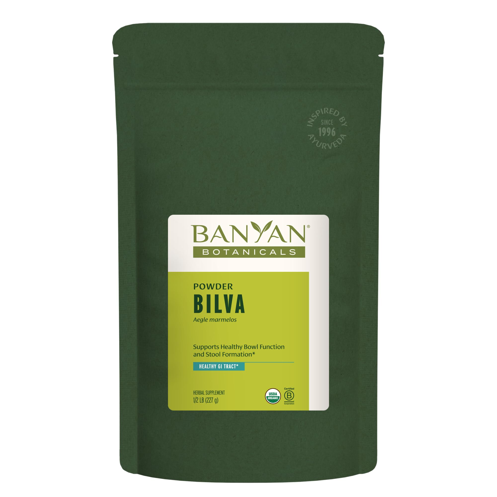 Banyan Botanicals Bilva powder bottle close-up for digestion support