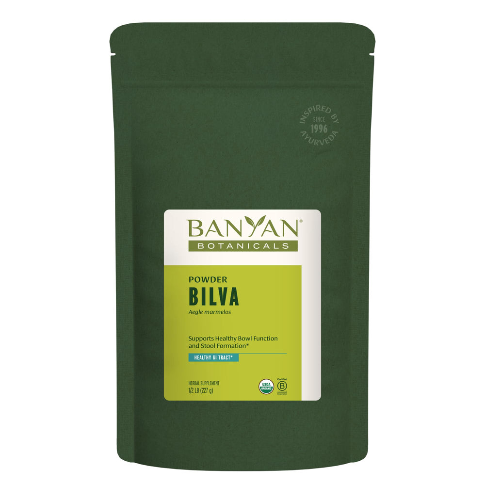 Banyan Botanicals Bilva powder bottle close-up for digestion support
