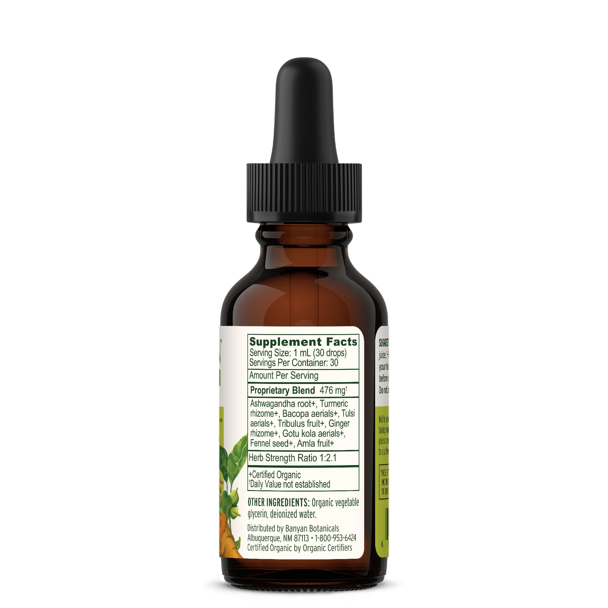 Banyan Botanicals bottle featuring herbal leaves artwork.