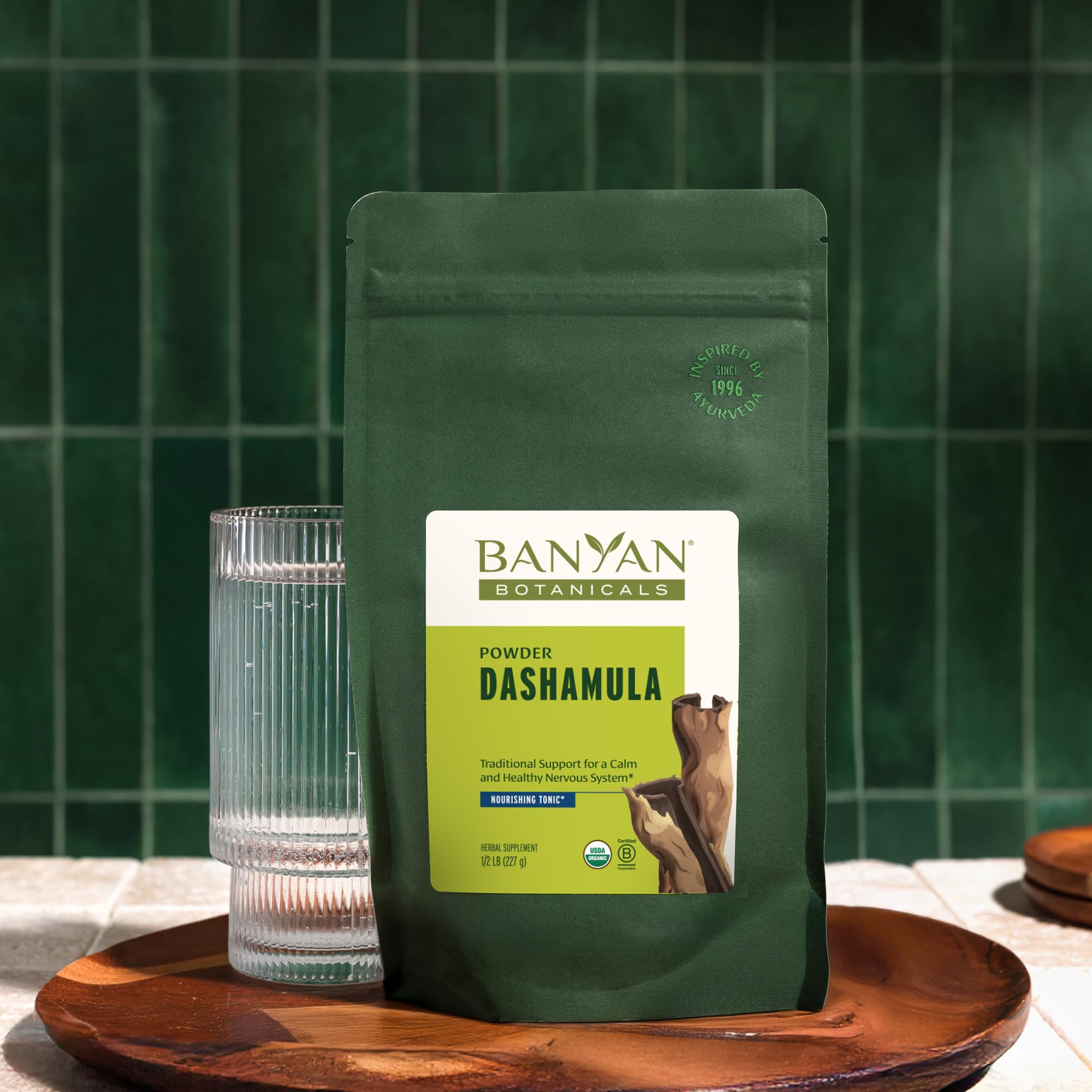 Label closeup of Banyan Botanicals Dashamula emphasizing organic, non-GMO status.