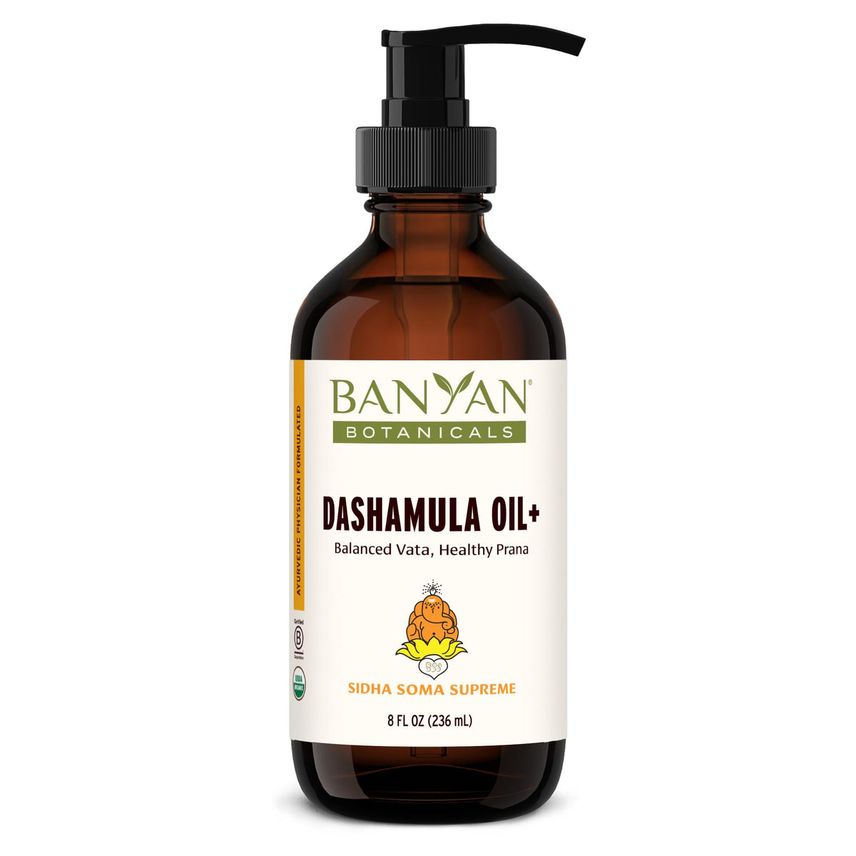 Banyan Botanicals Dashamula Oil+ bottle for deep tissue massage and relaxation