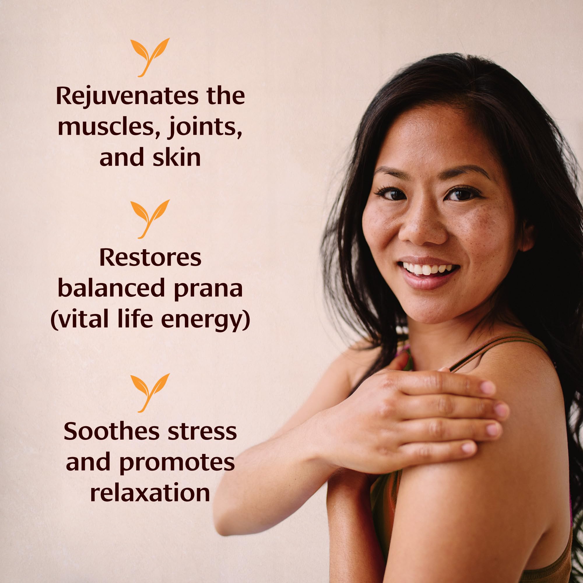 Banyan Botanicals Dashamula Oil+ massage scene showing relief for tight shoulders