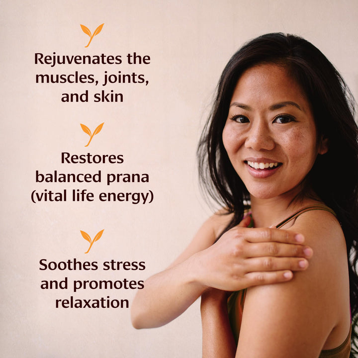 Banyan Botanicals Dashamula Oil+ massage scene showing relief for tight shoulders