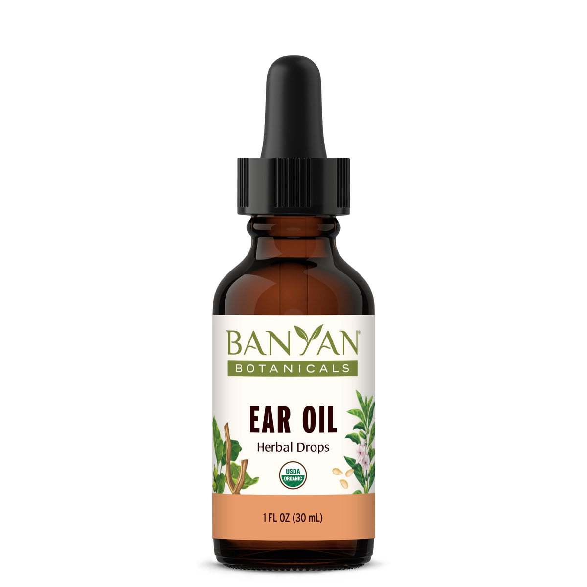 Banyan Botanicals Ear Oil with amber bottle close-up showing packaging and calm mood