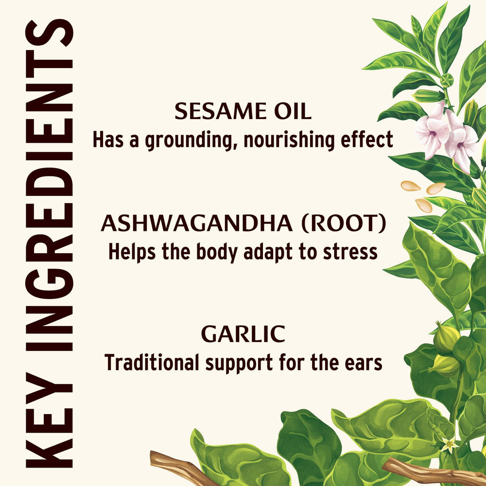 Banyan Botanicals Ear Oil ingredients with ashwagandha and garlic highlighted
