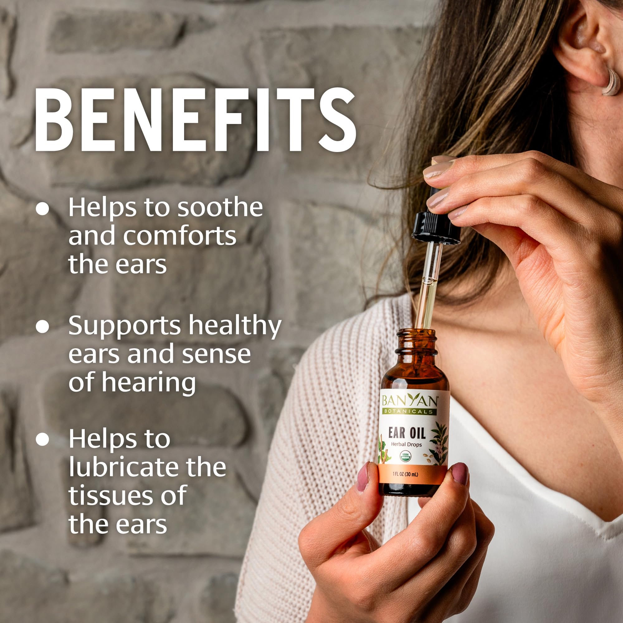 Warm oil application in Banyan Botanicals Ear Oil for gentle ear care
