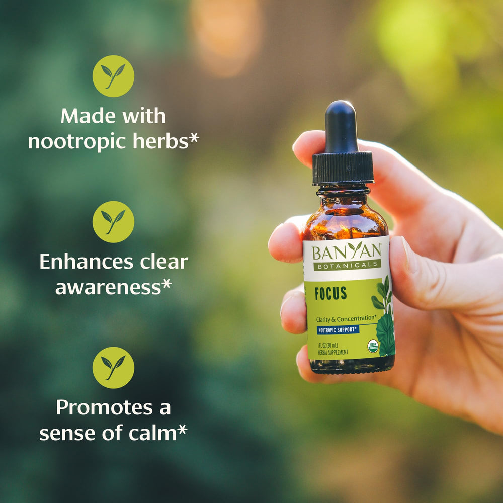 Banyan Botanicals Focus liquid dropper delivering precise dose for quick clarity.