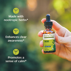 Banyan Botanicals Focus liquid dropper delivering precise dose for quick clarity.